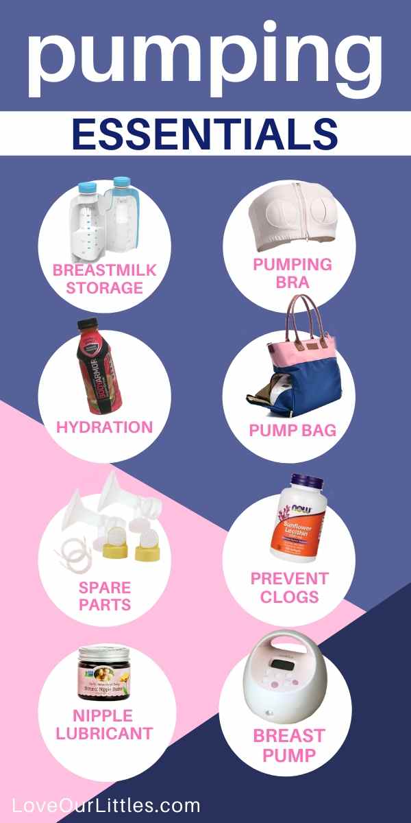 Graphic with images of essential breast pumping must-haves.