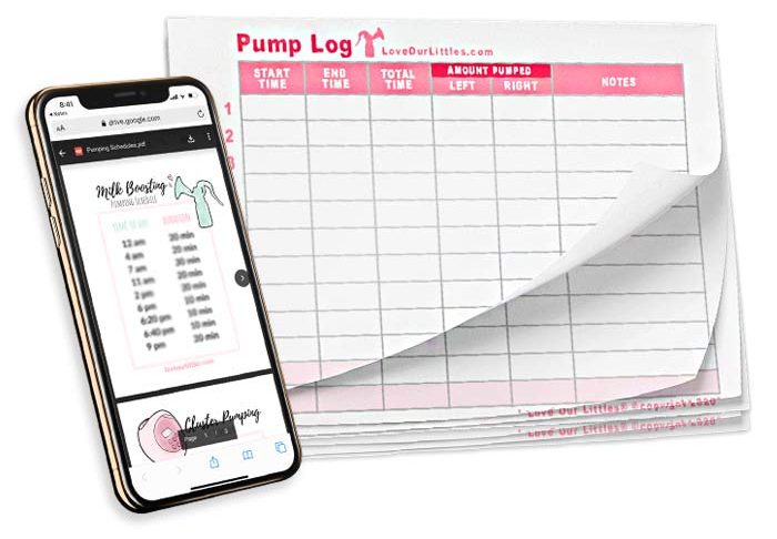 A mock up of pumping schedules on an iPhone and a printed stack of pump logs.