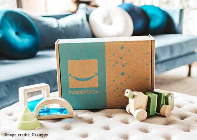 Picture of the Hoppi Box Montessori play things subscription box for babies and toddlers.