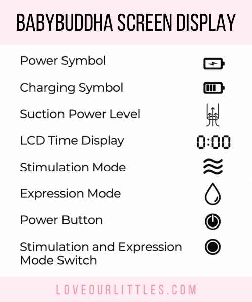 BabyBuddha screen display button icons and function.