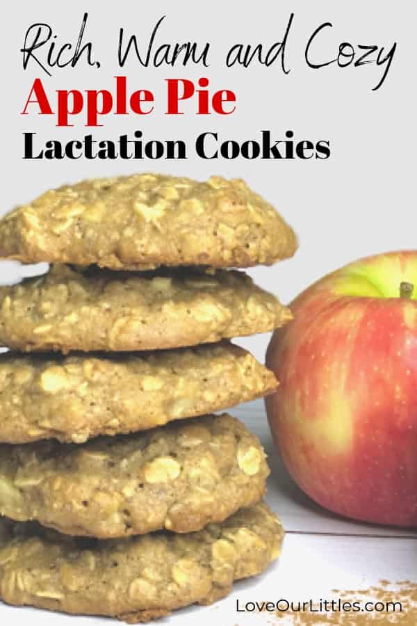 Apple pie lactation cookies recipe with a stack of cookies and apple in the background.