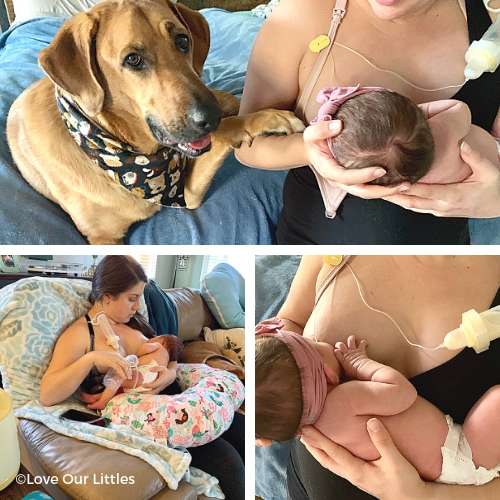 new mom breastfeeding newborn with a tube.