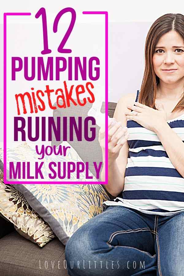 Woman holding a breast pumping looking concerned with text overlay that reads: 12 pumping mistakes ruining your milk supply.