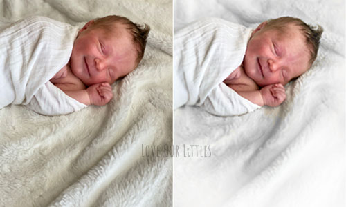 Before and after of a newborn photo edited with photoshop.