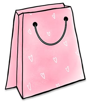 buying guides icon Pink shopping bag illustration with white hearts for a pattern.
