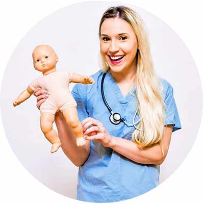 Birth it Up promo image of nurse holding a baby doll.