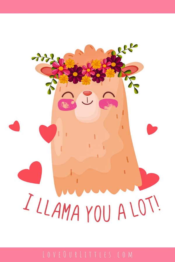 I llama you a lot! Illustration of a llama head wearing a flower crown with thumbprint pink blushing cheeks.