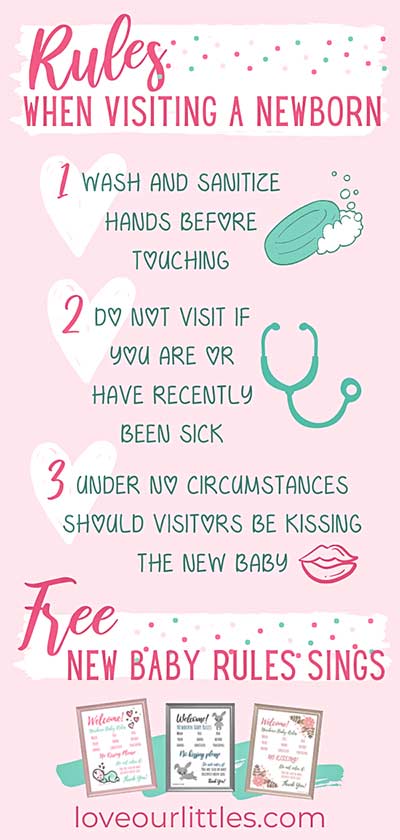 Infographic with illustration explaining newborn rules for visitors such as soap, lips and doctor's stethescope.