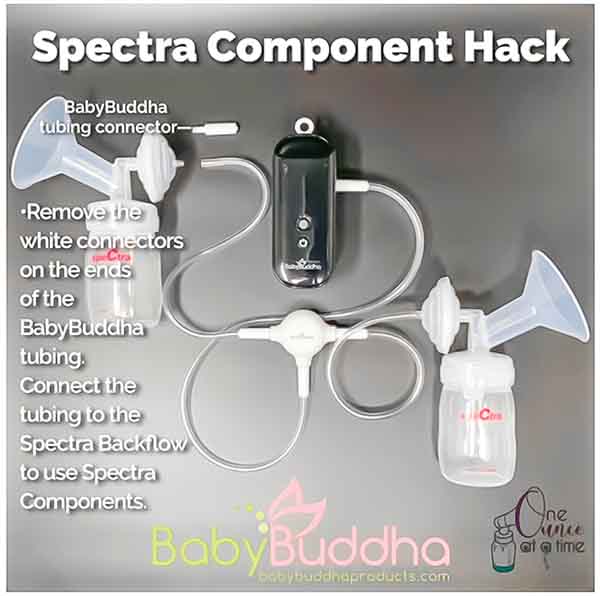 Spectra BabyBuddha component hack showing the BabyBuddha breast pump being attached to spectra pumping kit.